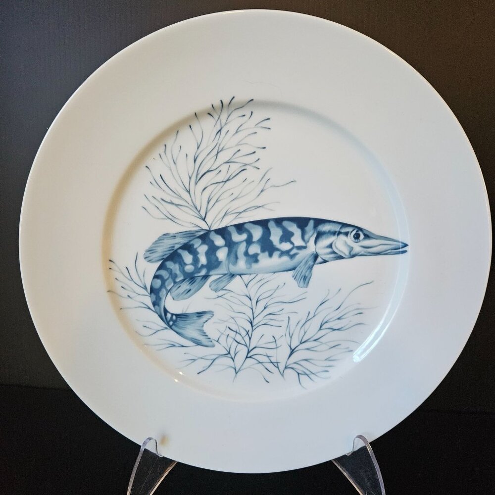 Vintage French Porcelain SOLOGNE Blue White FISH Dish Decorative Plate FRANCE